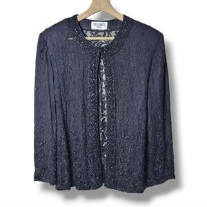 Brilliante Vintage Sheer Black Beaded Evening Jacket Size M Open Front